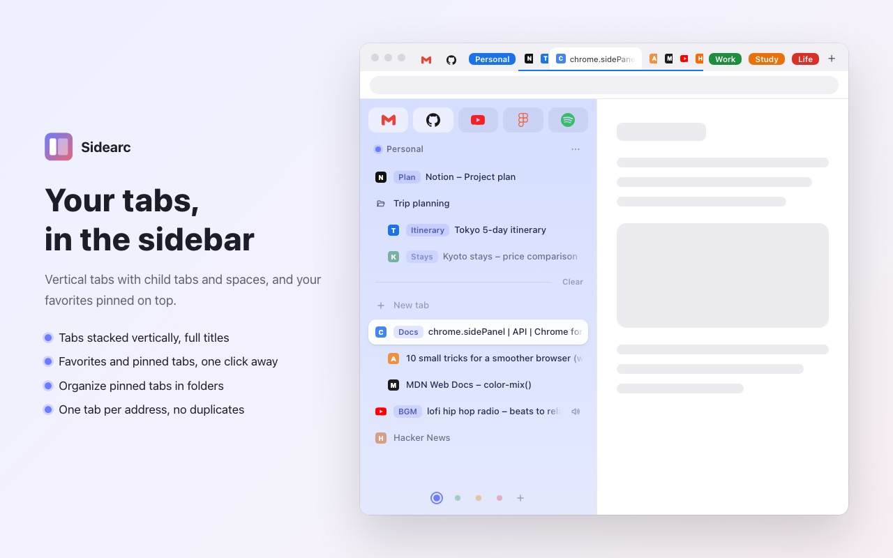 Vertical tabs, favorites and pinned tabs